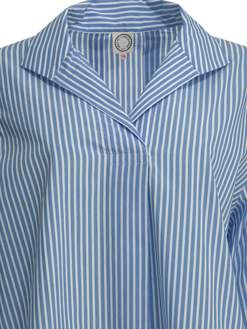 Ines De La Fressange Light Blue Striped Shirt With Buttonless Front