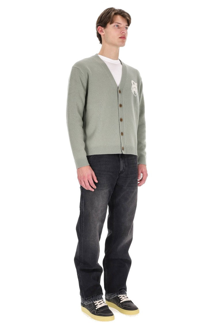 Maison Kitsuné Merino Wool Cardigan With Large Fox Embroidery