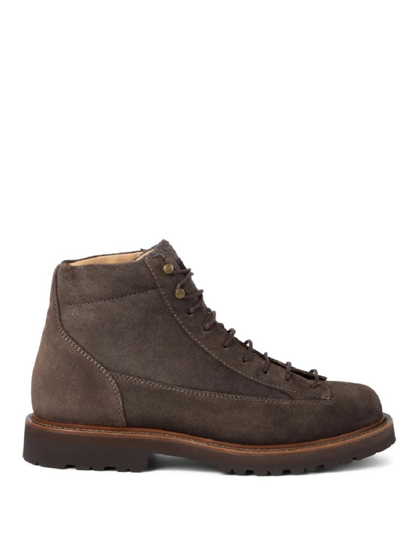 Brunello Cucinelli Brown Suede Lace-Up Boots With Rugged Design