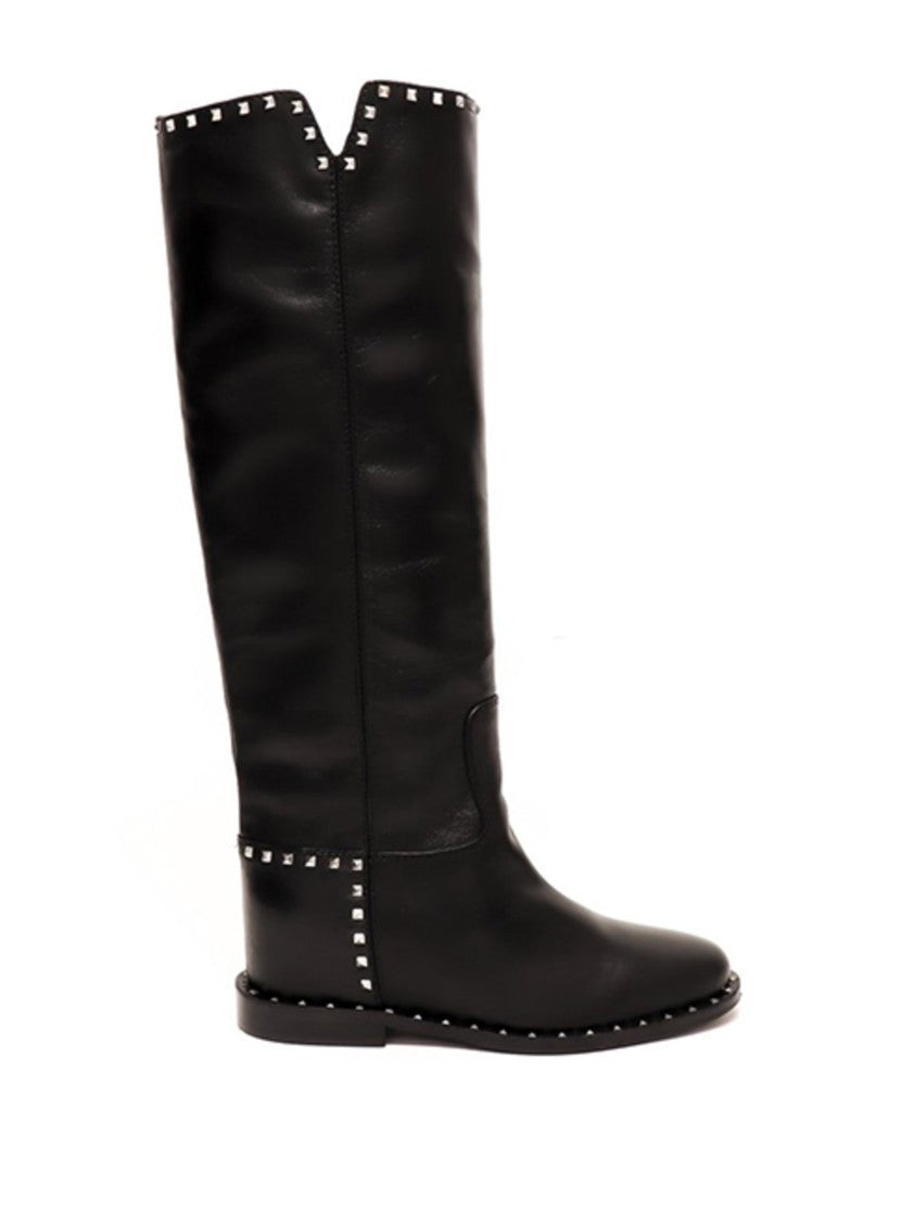 Via Roma 15 High Black Leather Boots With Silver Stud Accents