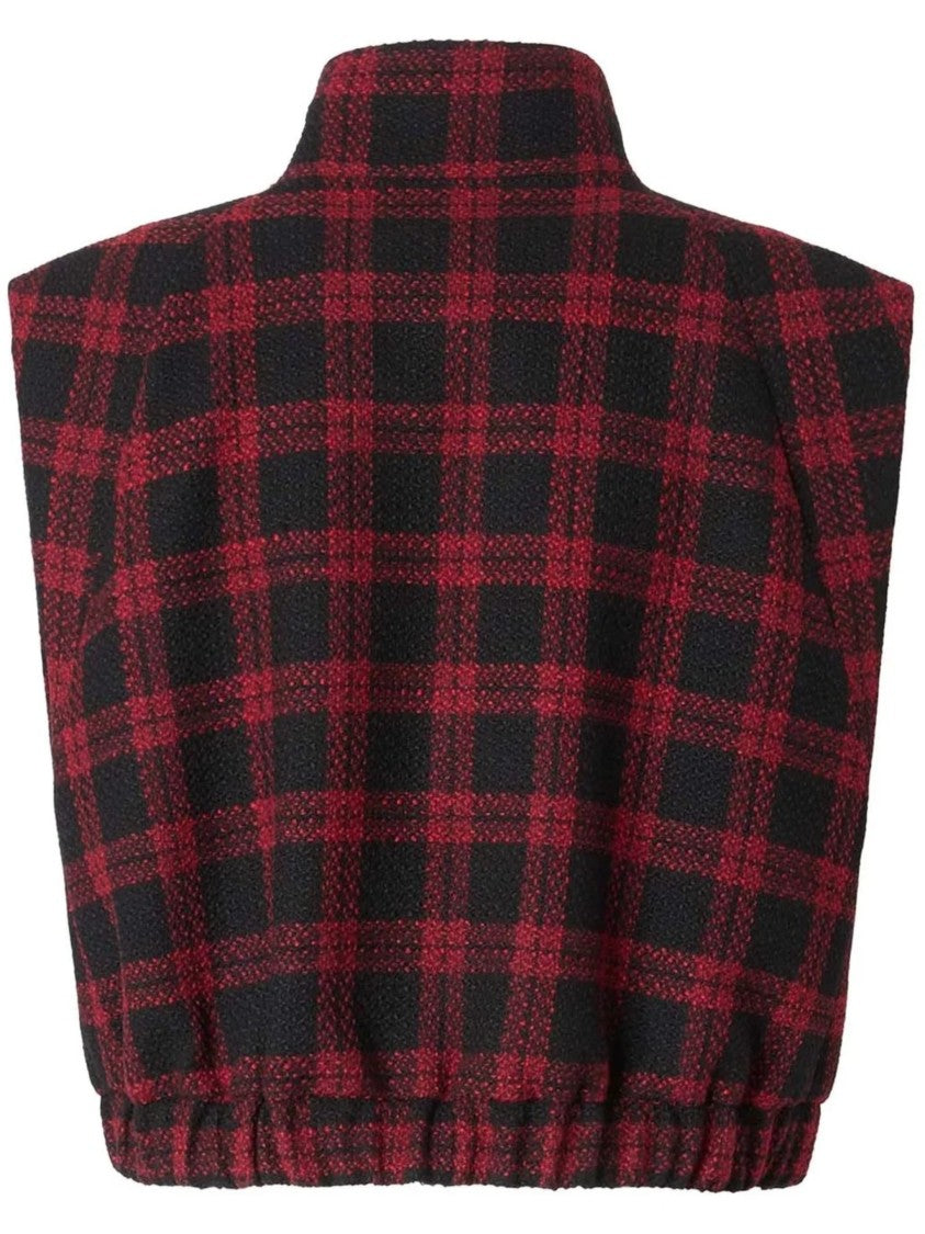 Pinko Cropped Red And Black Checkered Tweed Gilet With High Collar