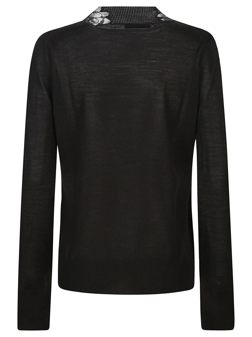 Ermanno Scervino V-Neck Buttoned Black Knitted Cardigan With Embroidered Neckline
