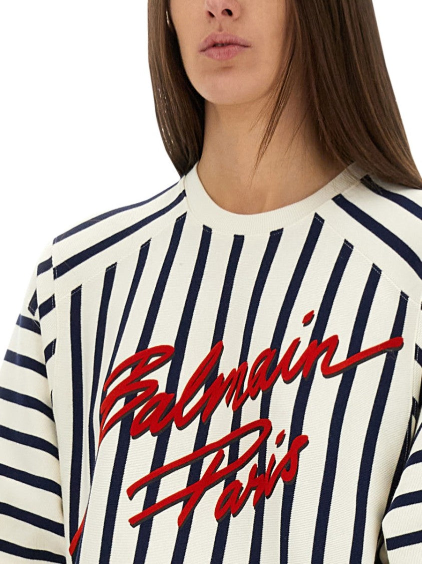Balmain Cropped Striped Baseball T-Shirt With Signature Logo
