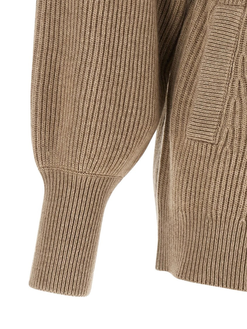 Brunello Cucinelli Cardigan Balloon Sleeve High-Collar Ribbed Knit Cardigan