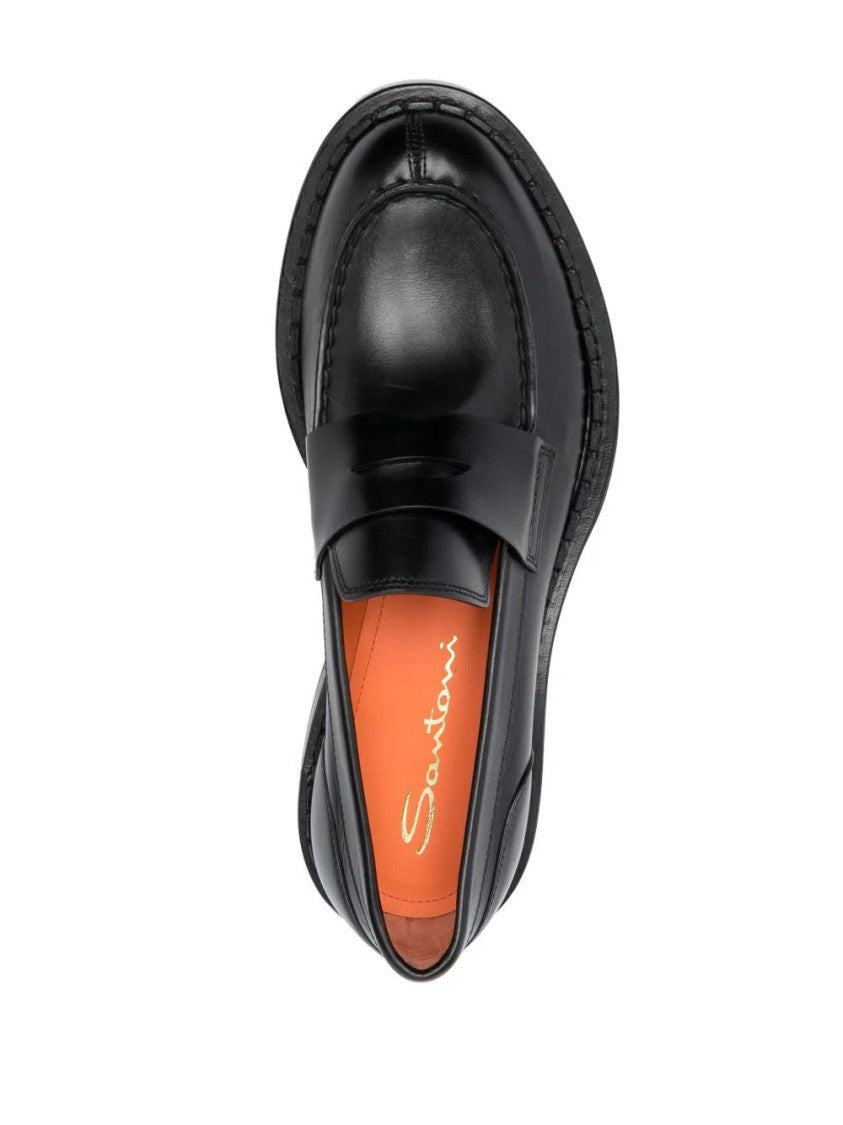 Santoni Sleek Black Leather Loafers With Refined Stitching