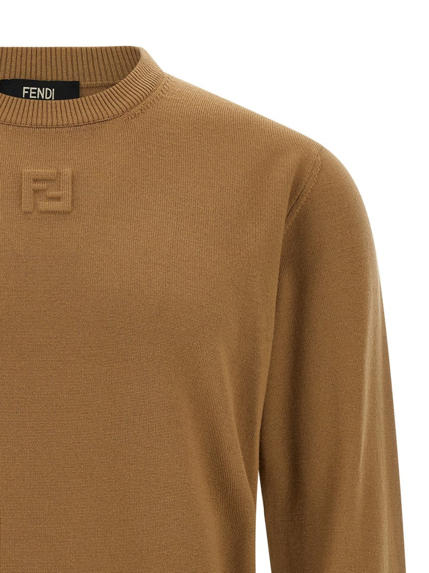 Fendi Wool Sweater With Embossed Logo And Ribbed Hem