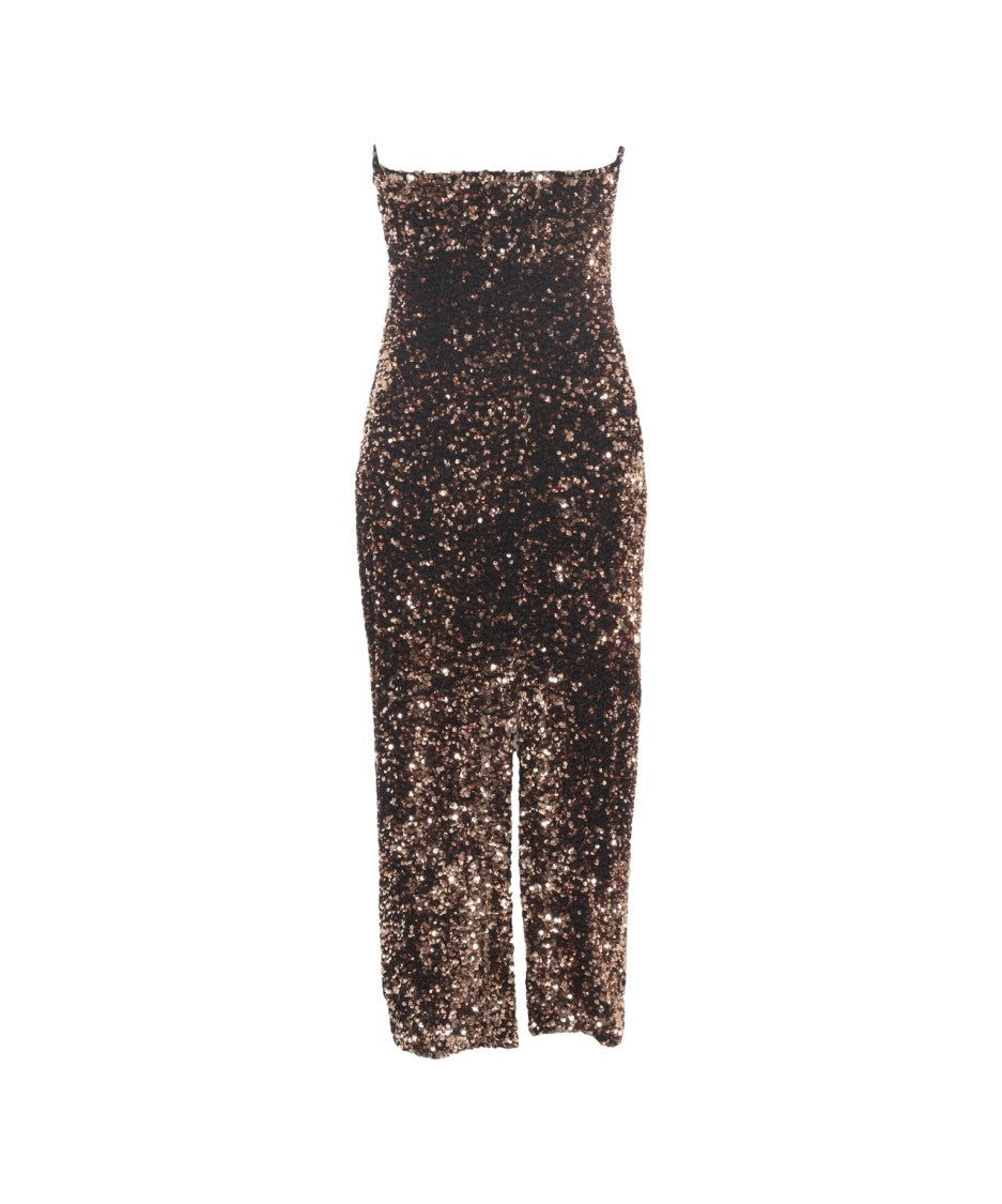 Gender Strapless Bronze Midi Dress With Sequin Embellishments