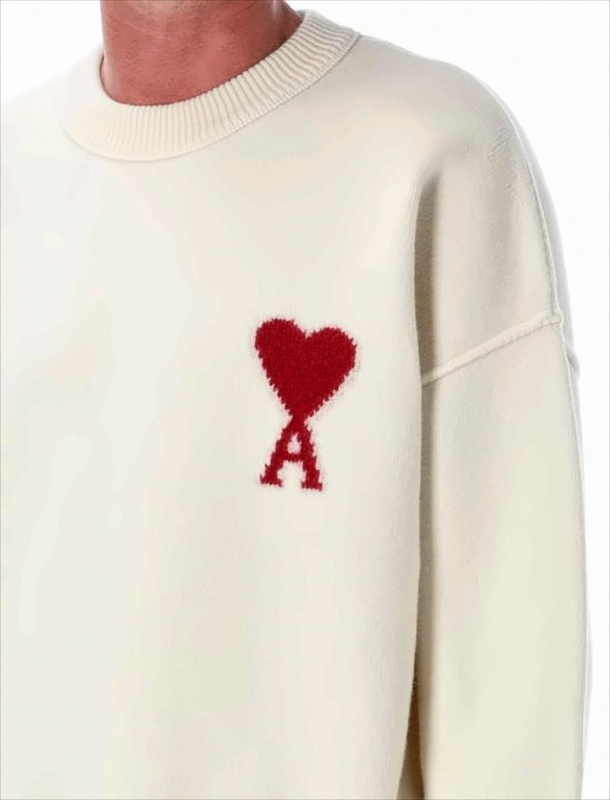 Ami Relaxed Fit Off-White Wool Sweater With Signature Heart