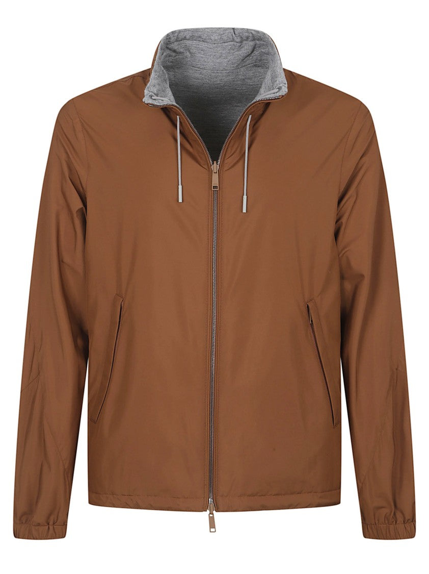 Zegna Brown Zip-Front Casual Jacket With Leather Detailing