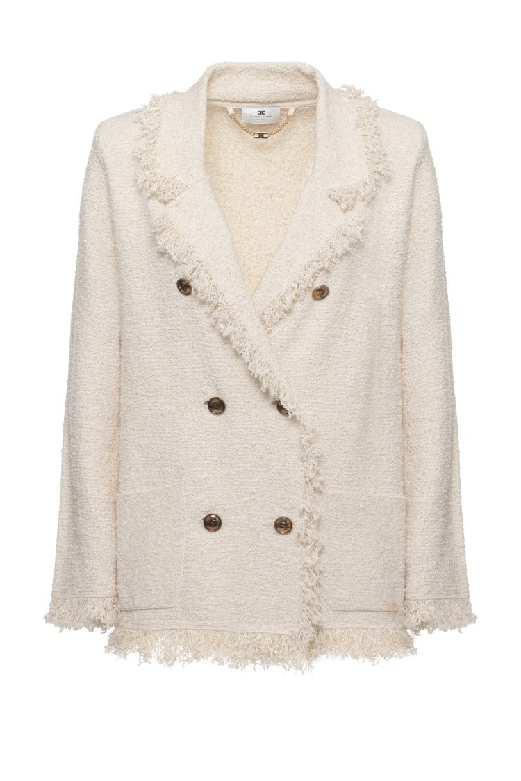 Elisabetta Franchi Beige Fringed Lurex Cotton Blazer