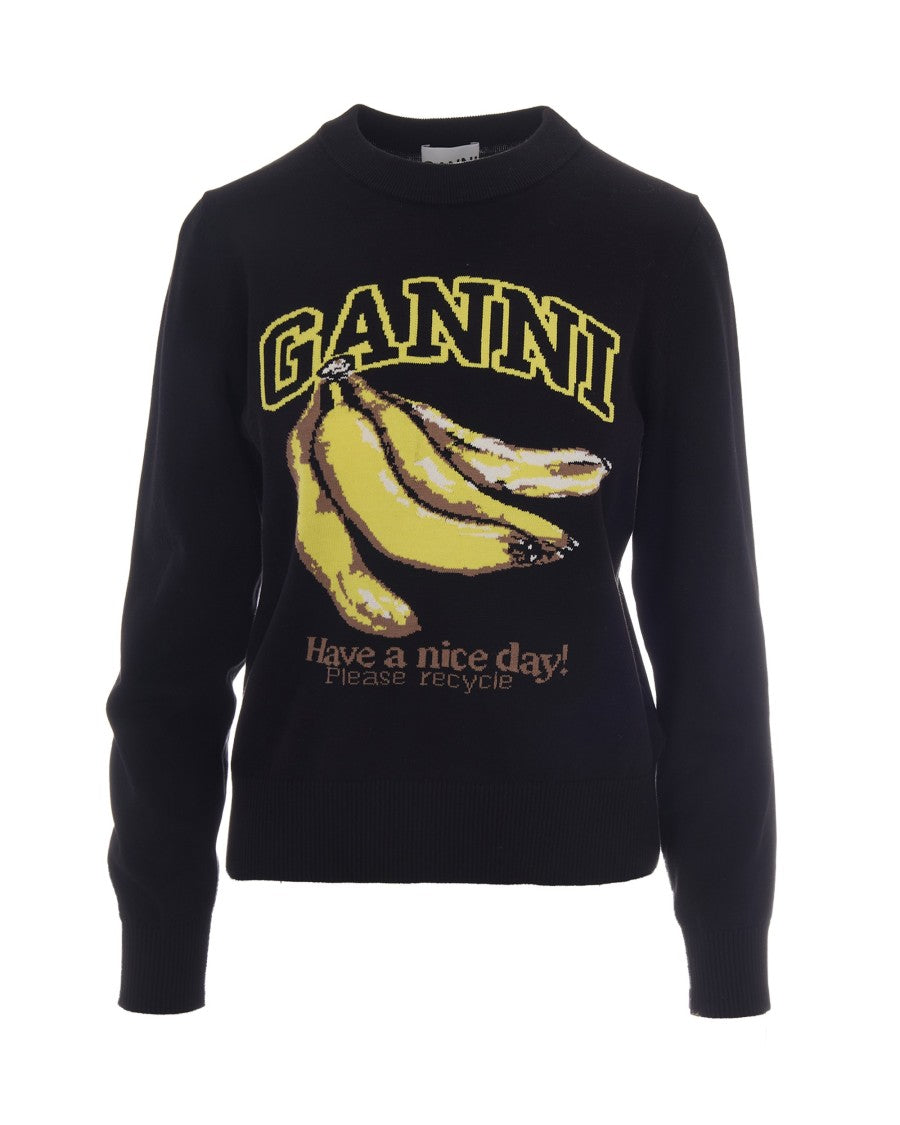 Ganni Round Neck Knit Sweater With Graphic Print