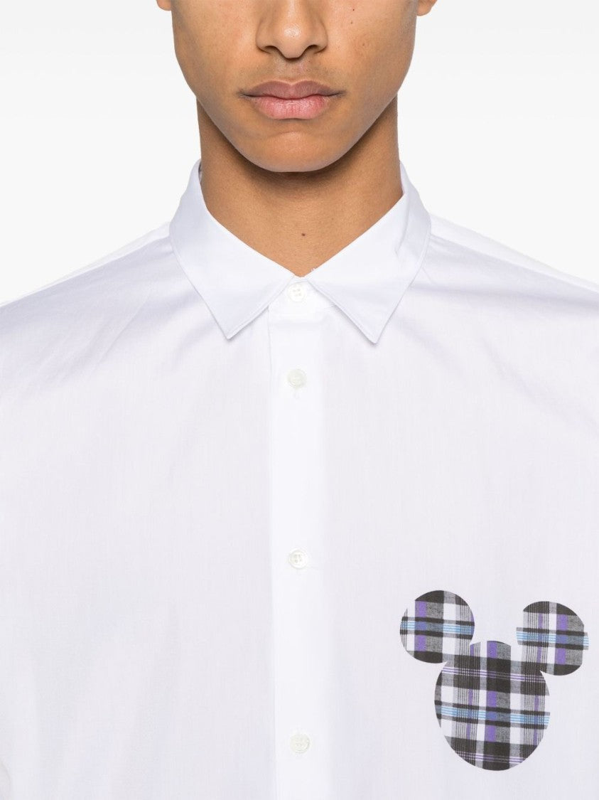Comme Des Garçons Classic White Shirt With Plaid Mickey Mouse Patch