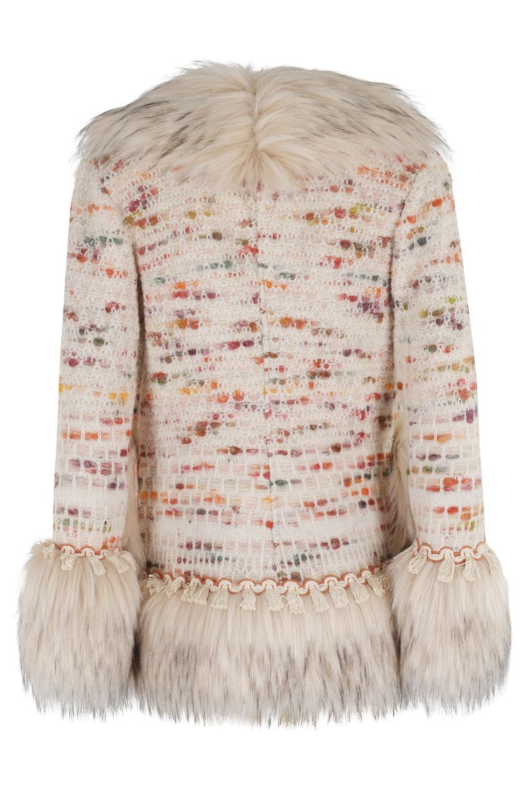 The Extreme Collection Textured Ecru Short Coat With Faux Fur Accents