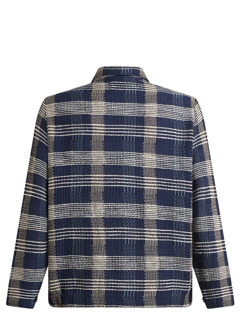 Etro Navy Blue Cotton-Linen Overshirt With Irregular Check Pattern