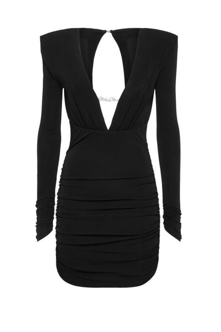 Philipp Plein Black Viscose Padded-Shoulder Ruched Mini Dress