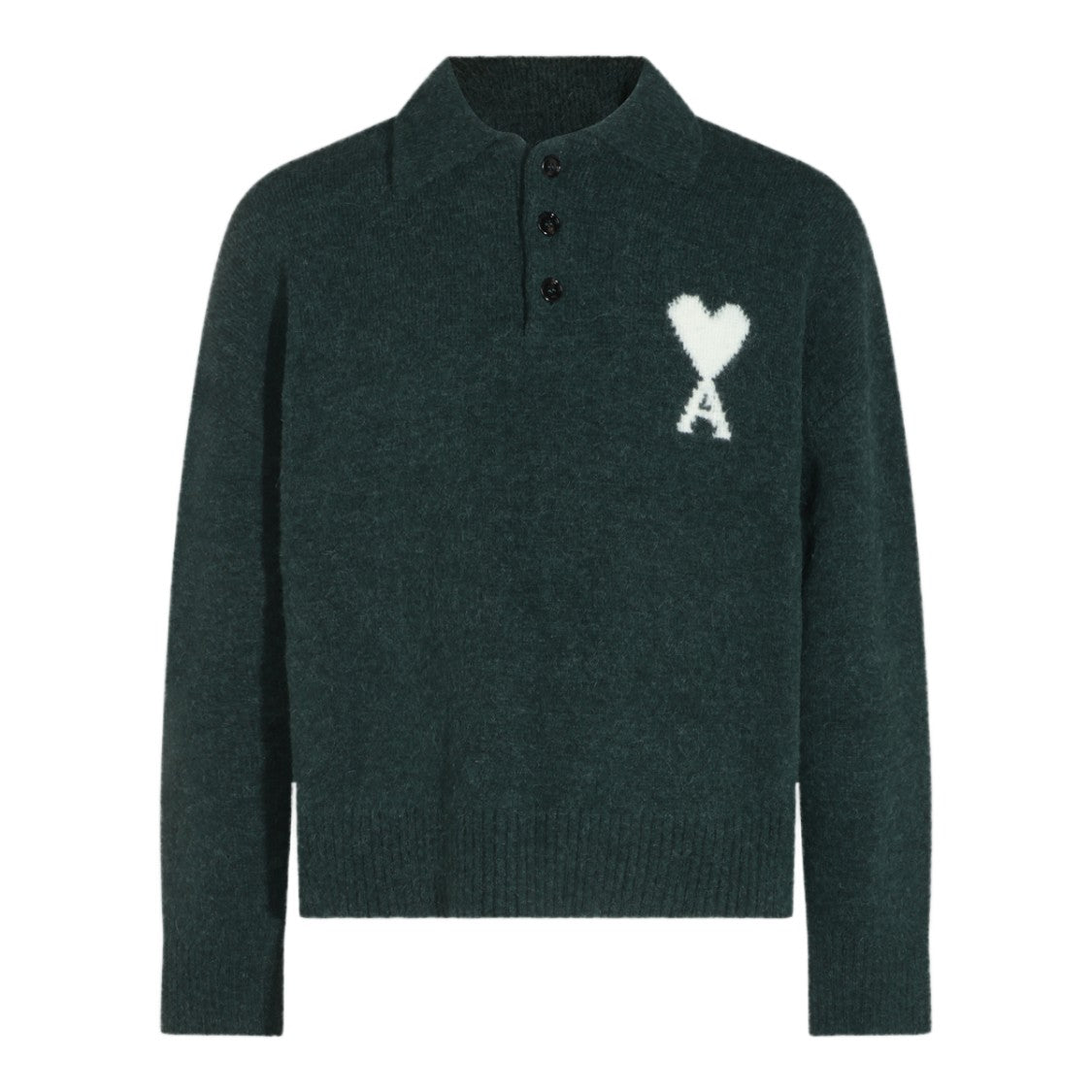 Ami Paris Deep Green Embroidered Polo Collar Sweater