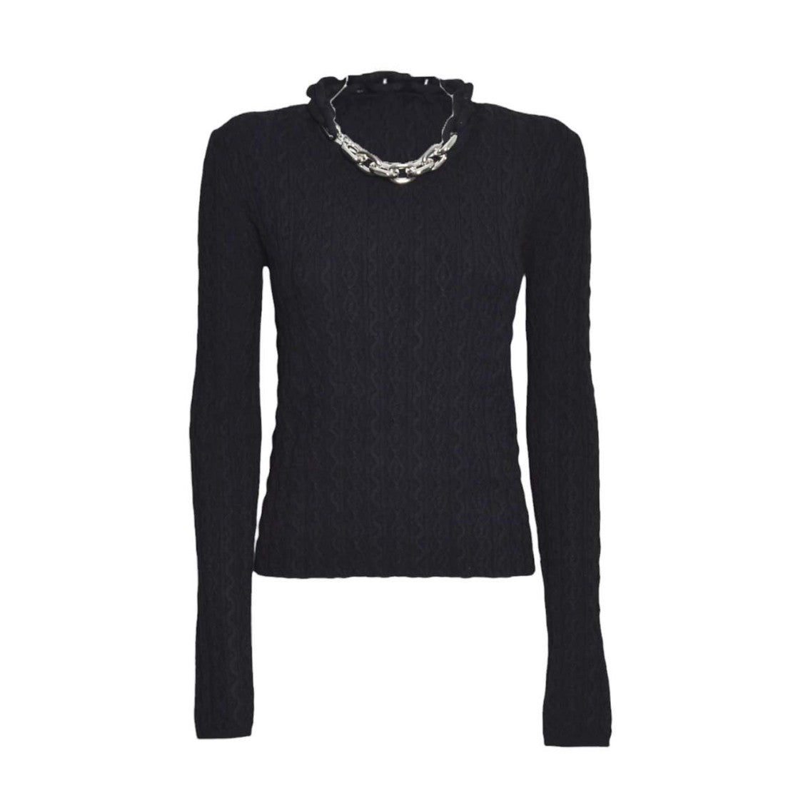 Rabanne Fitted Black Sweater With Textured Knit And Ruffle Trim