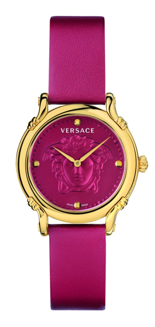 Versace Gold-Tone Stainless Steel Quartz Watch With Red Dial And Calf Leather Strap