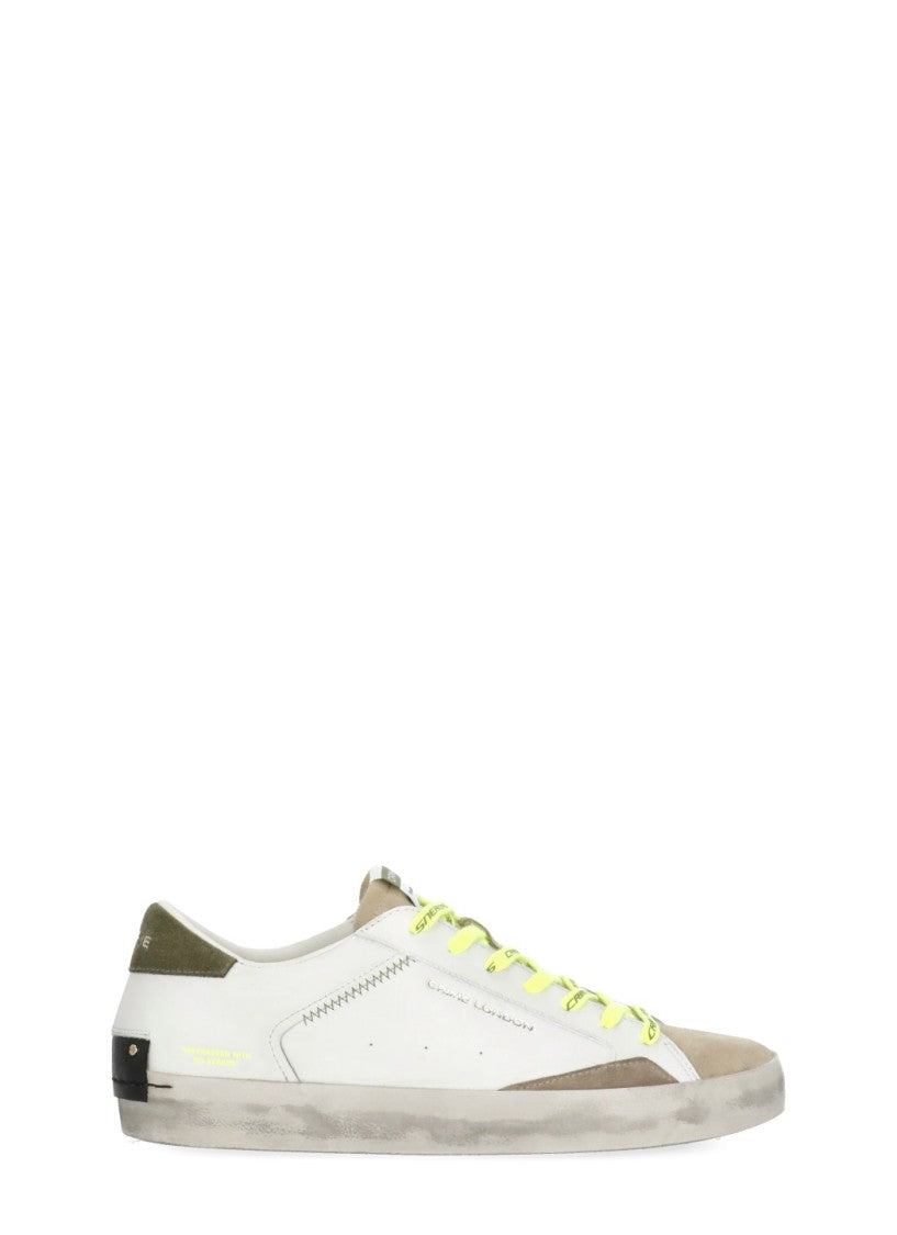 Crime London Ivory Distressed Green Detail Leather Sneakers