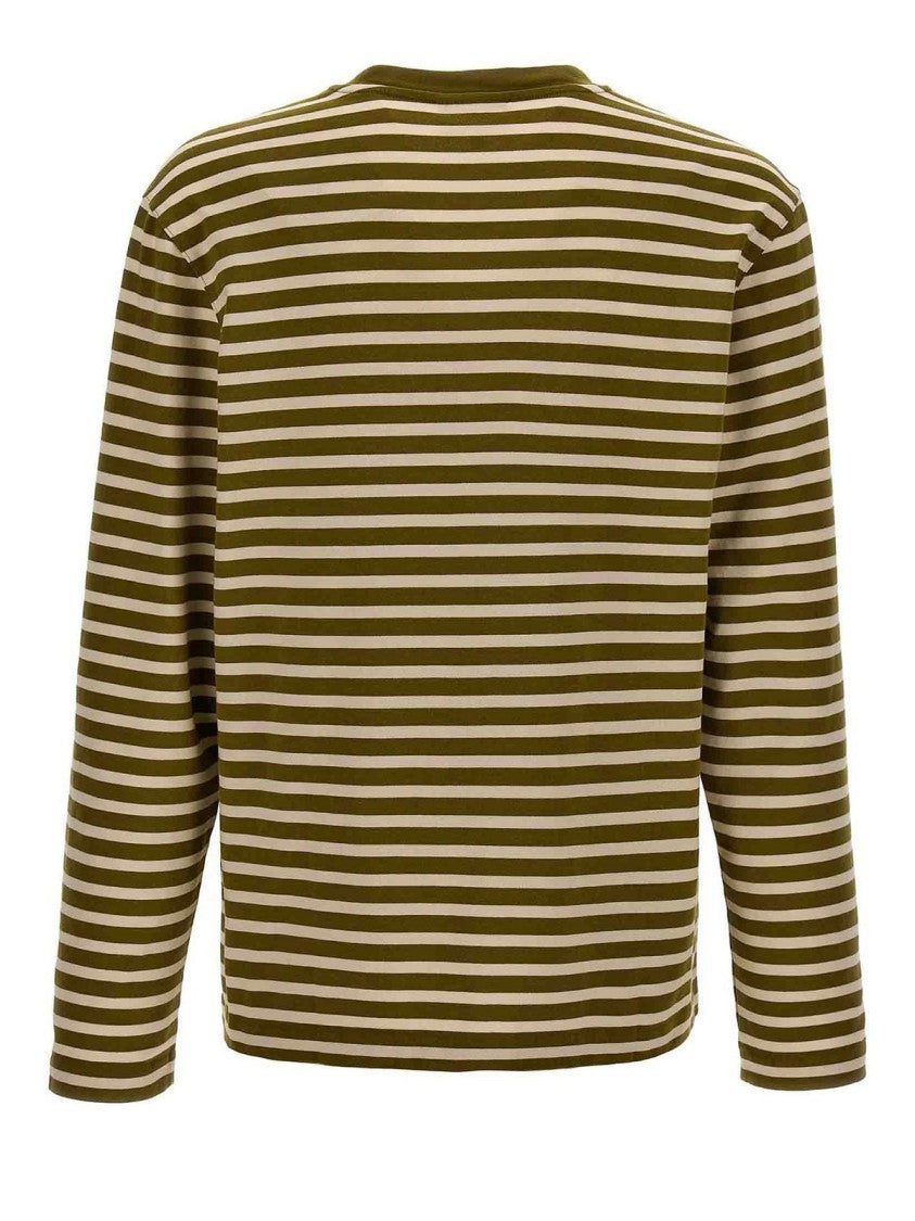 Maison Kitsuné Olive Green And Off-White Striped Long-Sleeve T-Shirt With Embroidered Logo