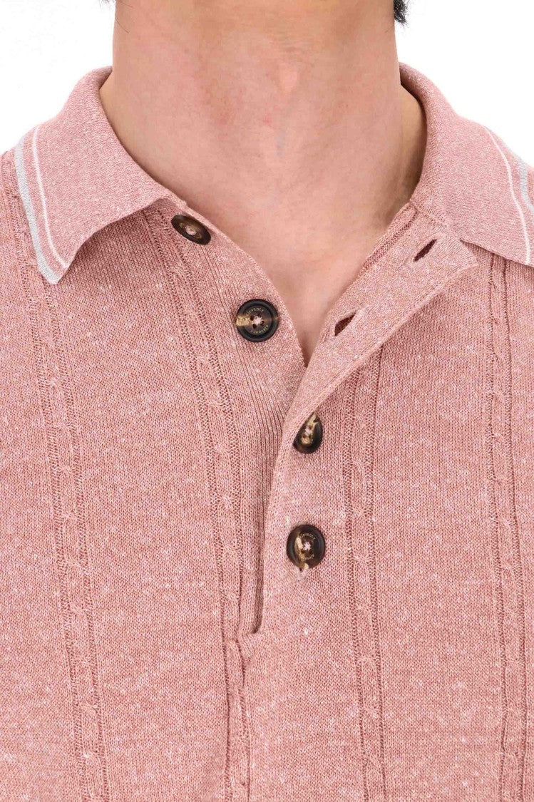 Eleventy Dusty Pink Cable-Knit Linen-Cotton Polo Shirt