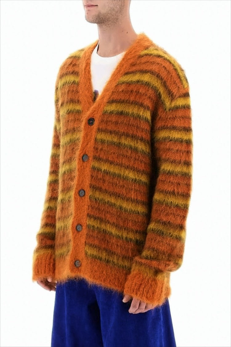 Marni Cozy V-Neck Cardigan With Horizontal Stripes In Warm Hues