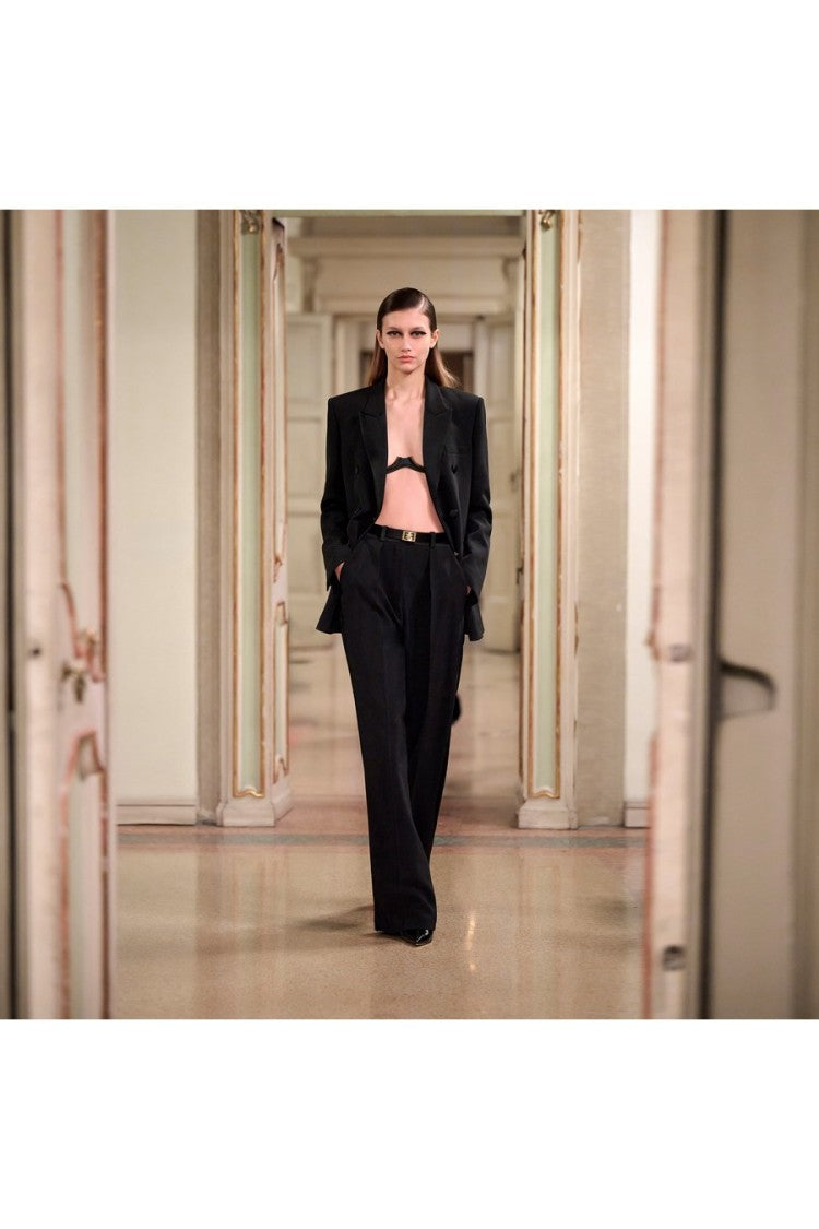 Elisabetta Franchi Black Pleated Satin Waistband Polyester-Blend Flared Pants