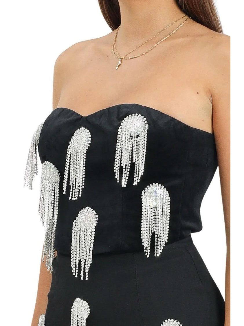 Odi Odi Strapless Black Top With Rhinestone Embellishments And Fitted Silhouette