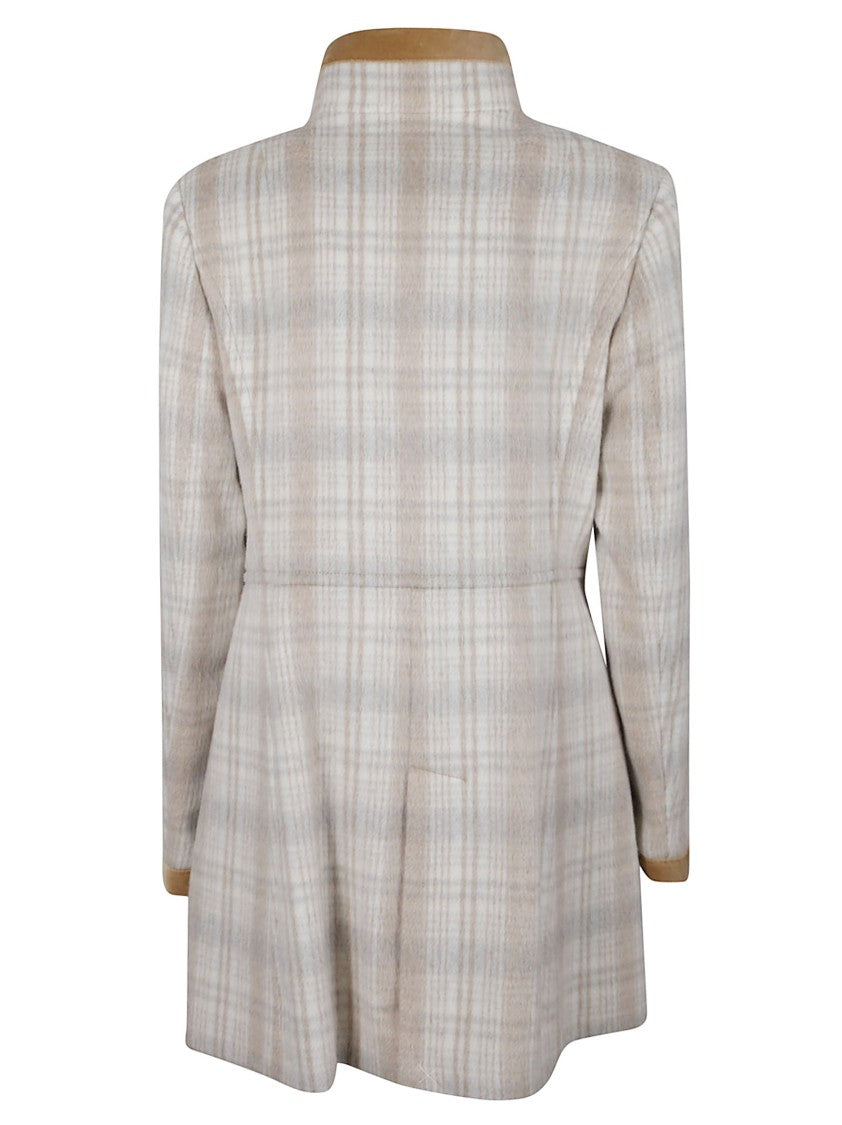 Fay Short Cream And Beige Plaid Coat