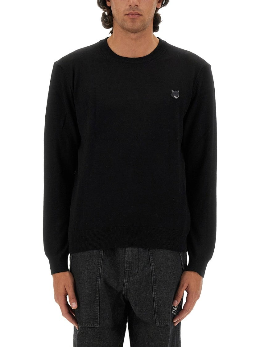 Maison Kitsuné Regular Fit Black Wool Sweater With Patch Detail