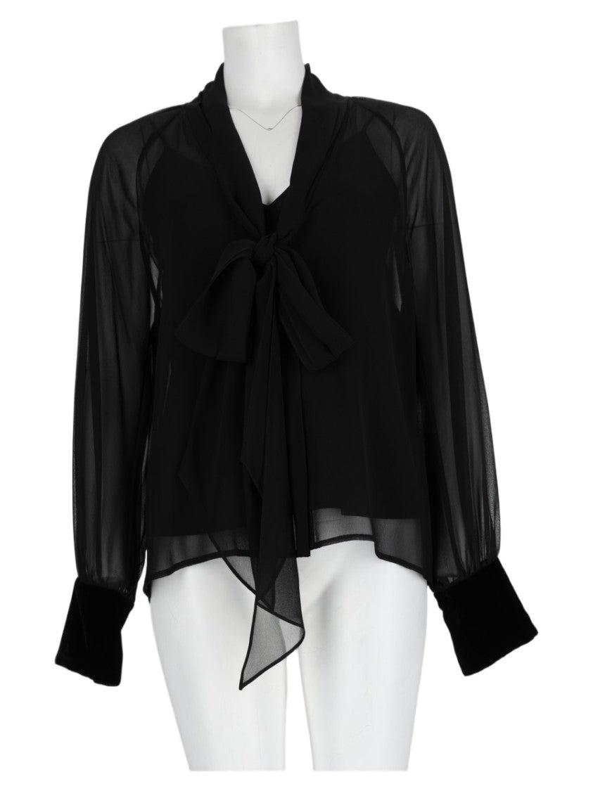 Max Mara Black Sheer Bow Tie Voluminous-Sleeve Silk Blouse