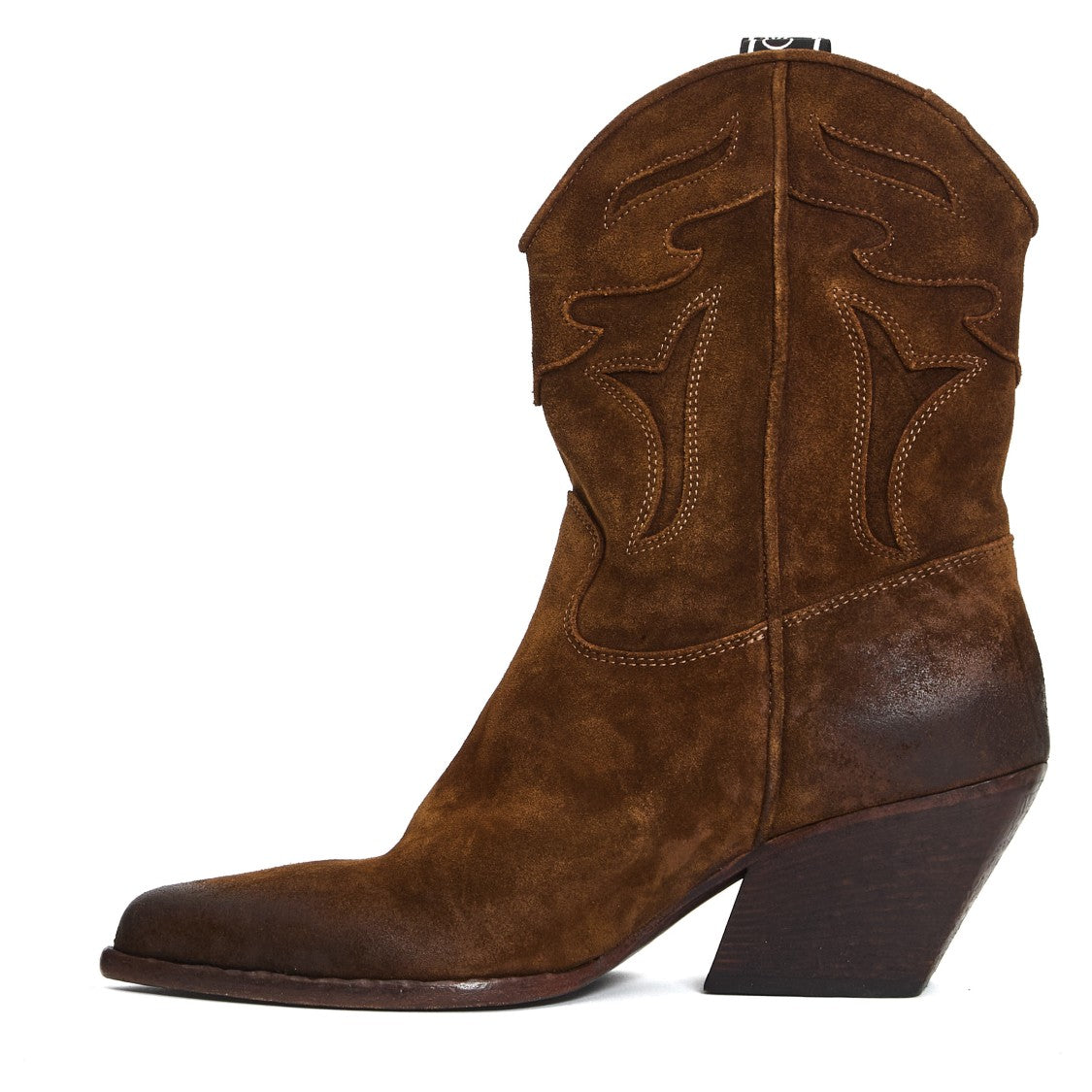 Elena Iachi Ankle-High Western Boots In Washed Cognac Suede
