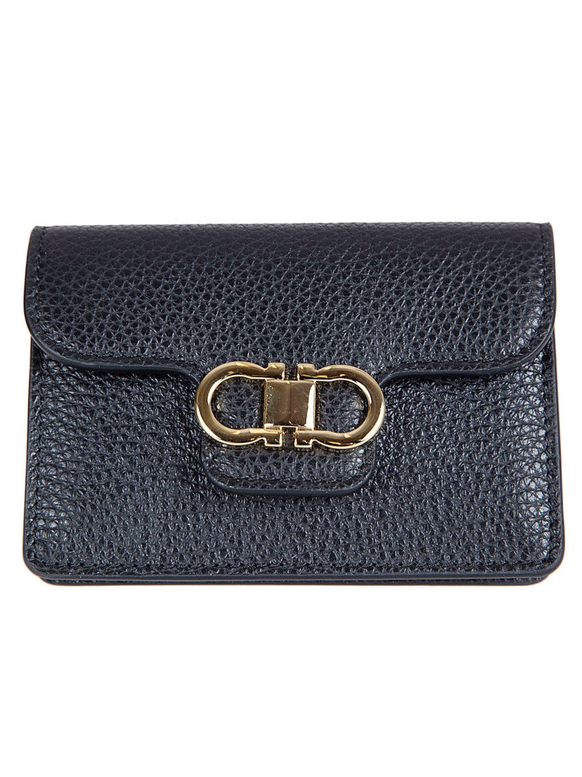 Ferragamo Textured Calf Leather Bifold Keychain With Gancini Logo