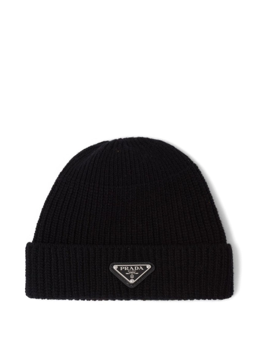 Prada Black Minimalist Ribbed Knit Beanie Hat