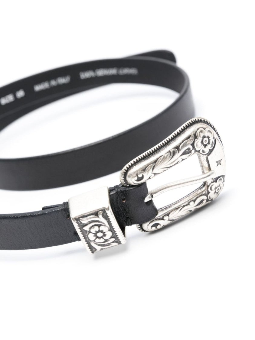 Golden Goose Ornate Silver-Engraved Buckle Black Leather Belt