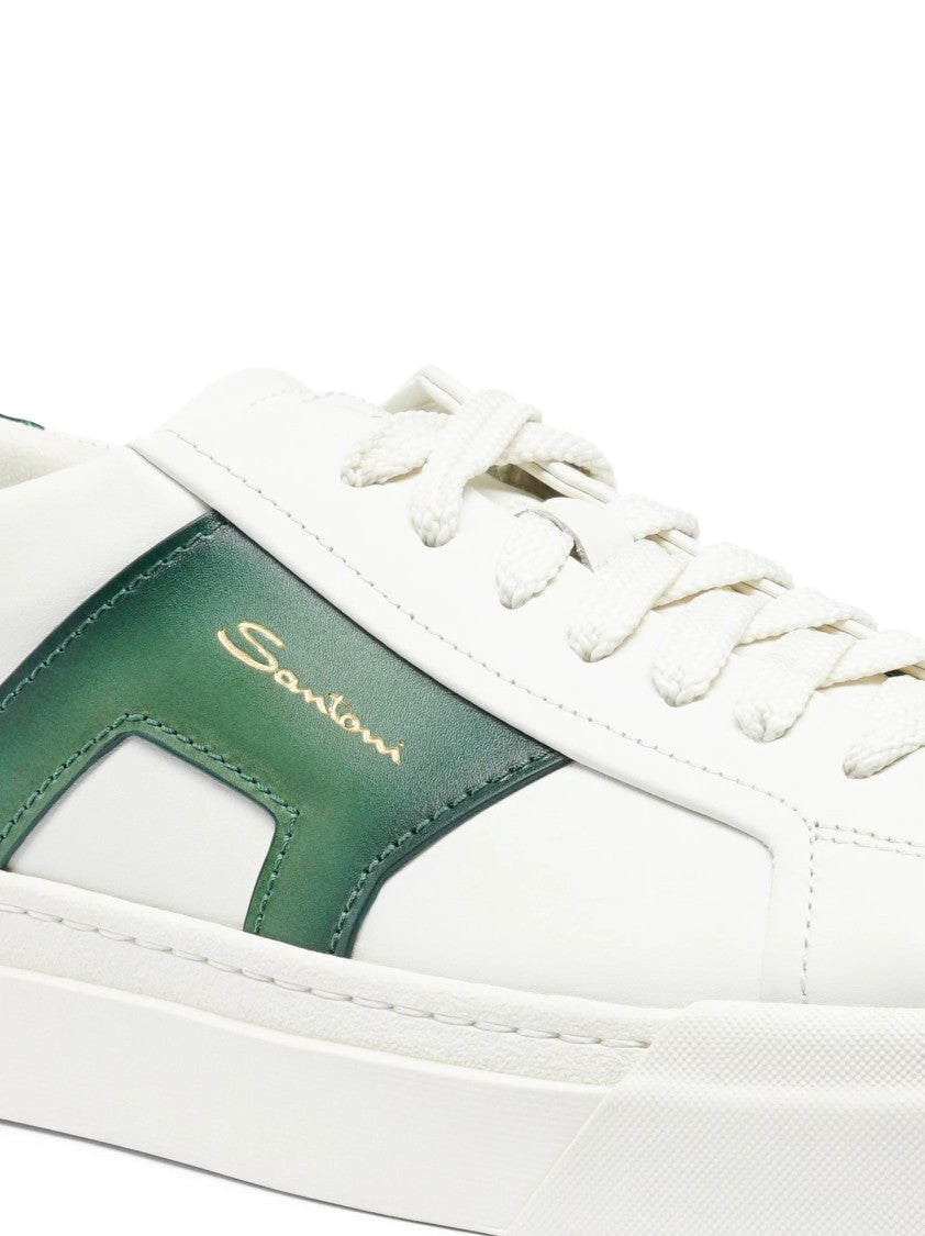 Santoni White Leather Sneakers With Double Buckle Accent