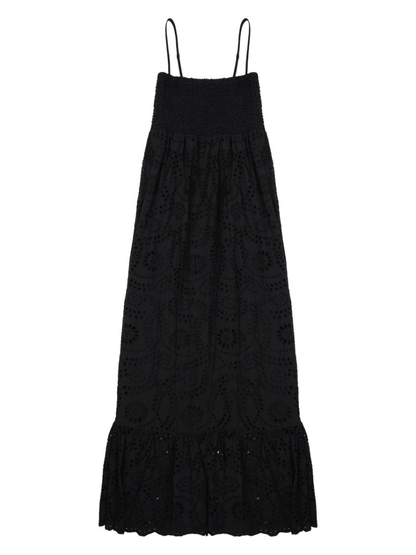 Mc2 Saint Barth Sleeveless Black Midi Dress With Intricate Eyelet Design