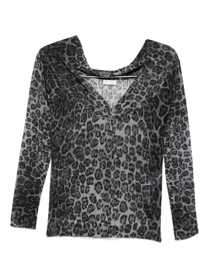 Liu Jo Lightweight Semi-Sheer Grey Sweater With Leopard Print