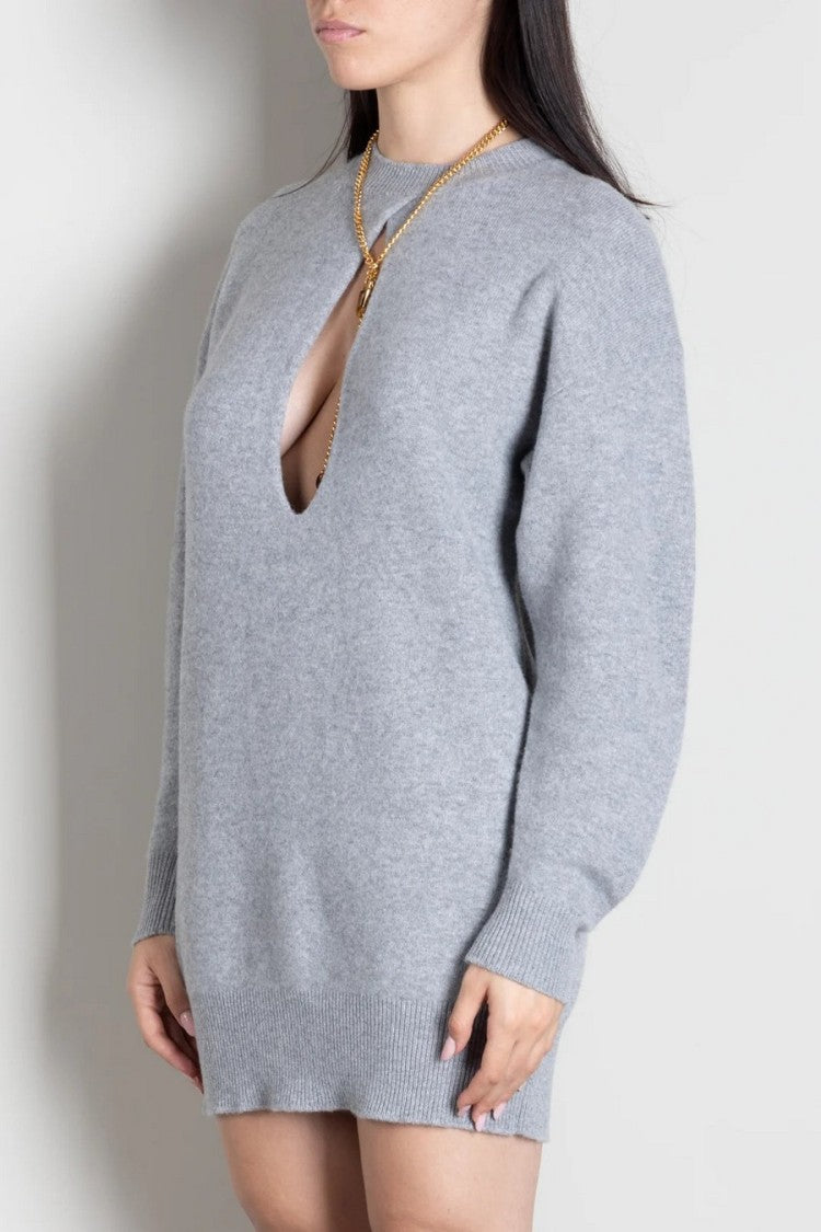 Elisabetta Franchi Grey Oversized Keyhole Chain Knit Mini Dress