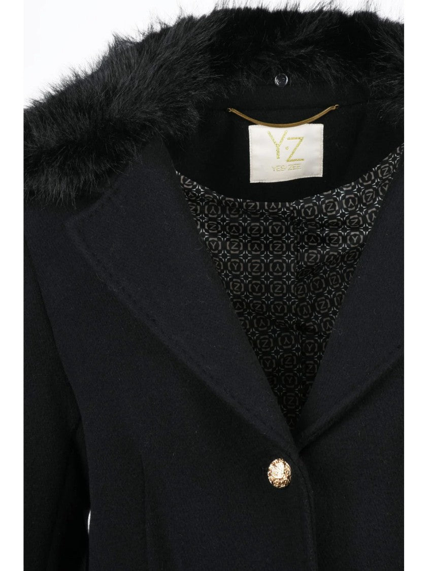 Yes Zee Black Plush Fur Collar Double-Button Wool-Blend Coat