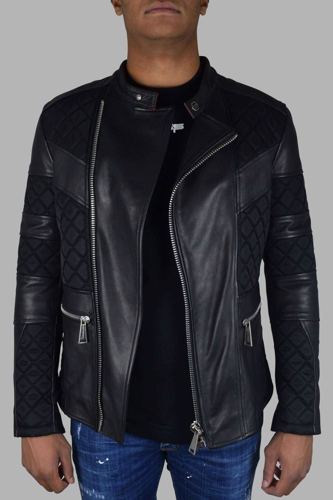 Philipp Plein Black Leather Biker Jacket With Quilted Panels