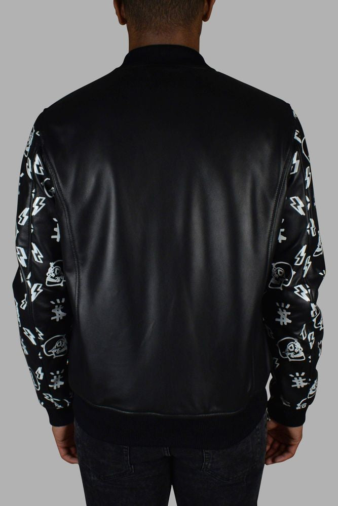 Philipp Plein Black Leather Bomber Jacket With Graphic Sleeves