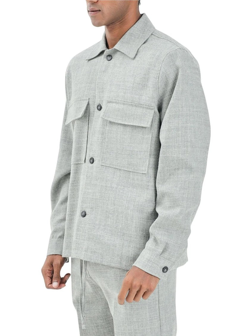 I M Brian Grey Flap Pockets Wool-Linen Blend Casual Shirt
