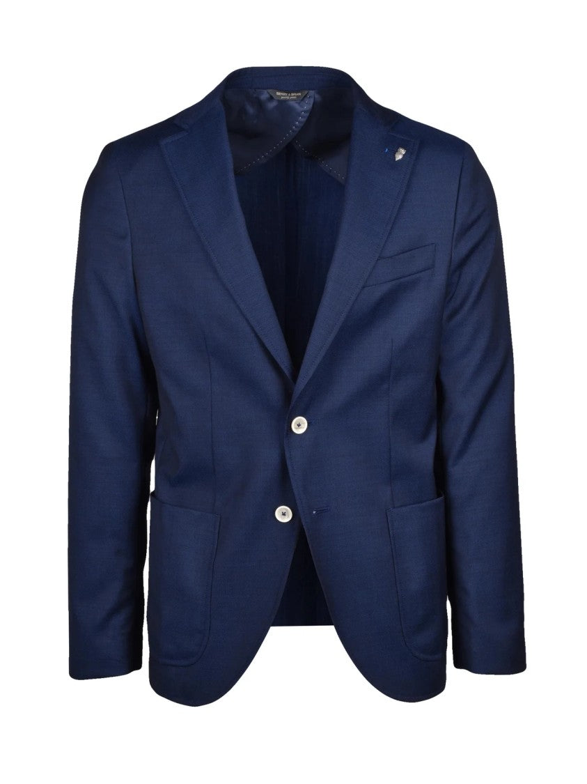Berry & Brian Blue Rounded Two-Button Virgin Wool Blazer