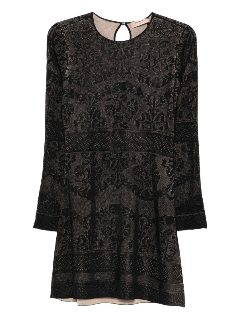 Twin-Set Mini Dress With Textured Fabric And Floral Patterns