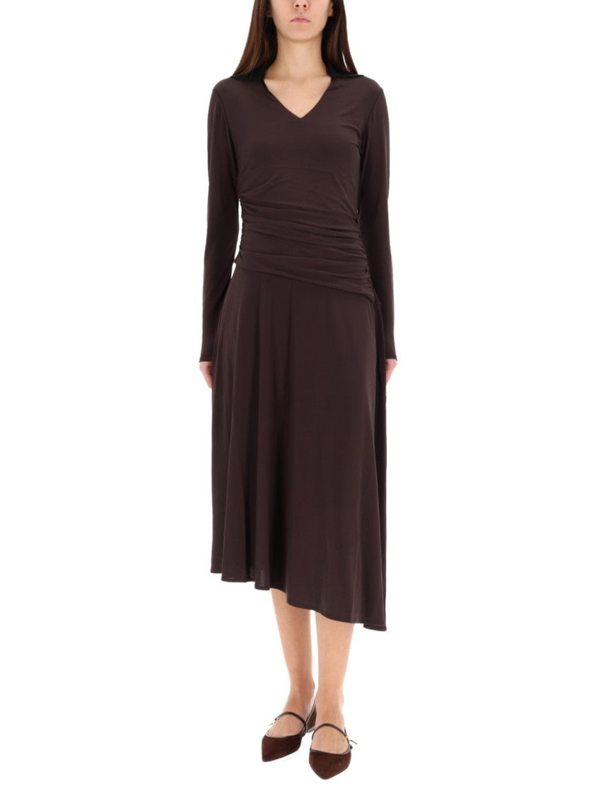 Tory Burch Ruched Midi Dress With Deep V-Neckline