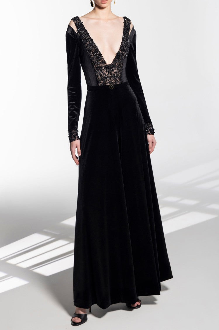Saiid Kobeisy Velvet Flared Jumpsuit With A Beaded Top