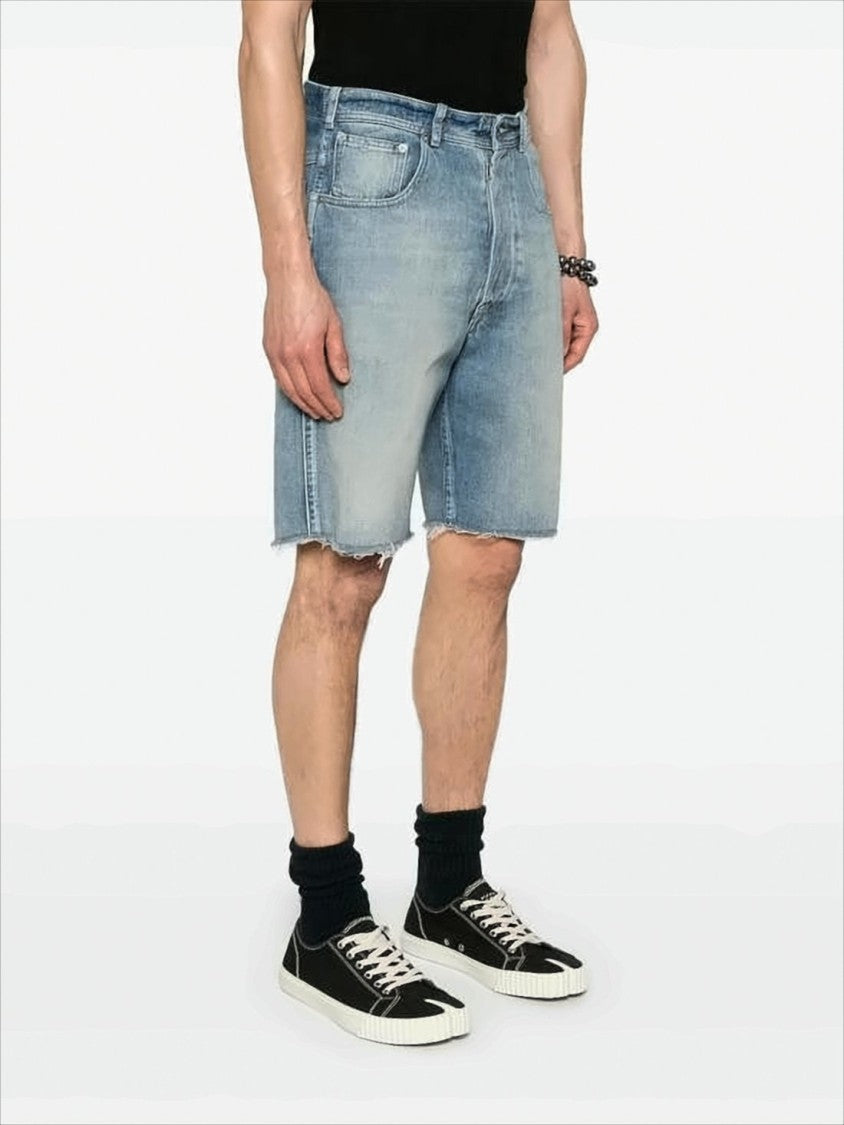Maison Margiela Light Blue Denim Shorts With Frayed Hems And Adjustable Waistband