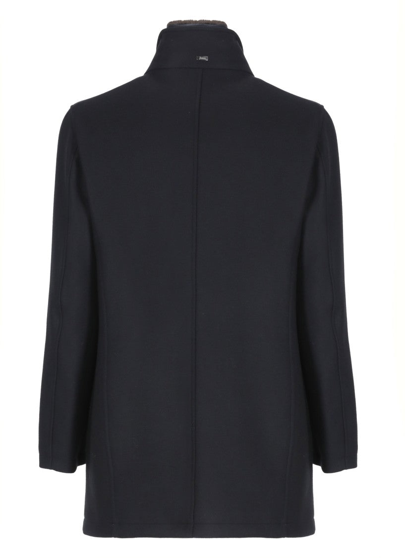 Herno Structured Blue Wool Coat With High Neck