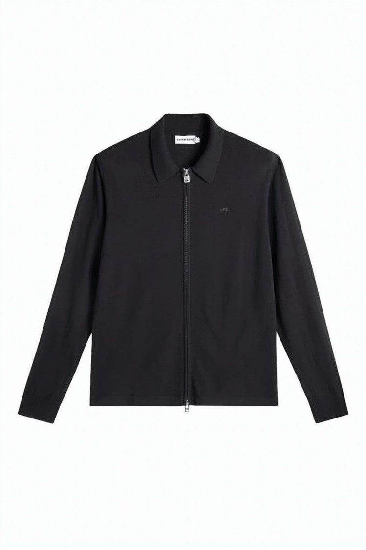 J Lindeberg Tailored Black Merino Wool Cardigan With Full Zip Closure
